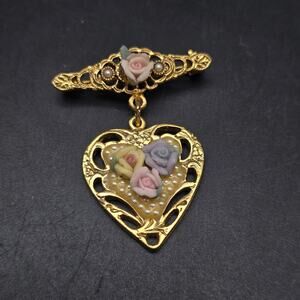 1928 Brand Bar Brooch with Heart Charm and Porcelain Pink Purple Flowers